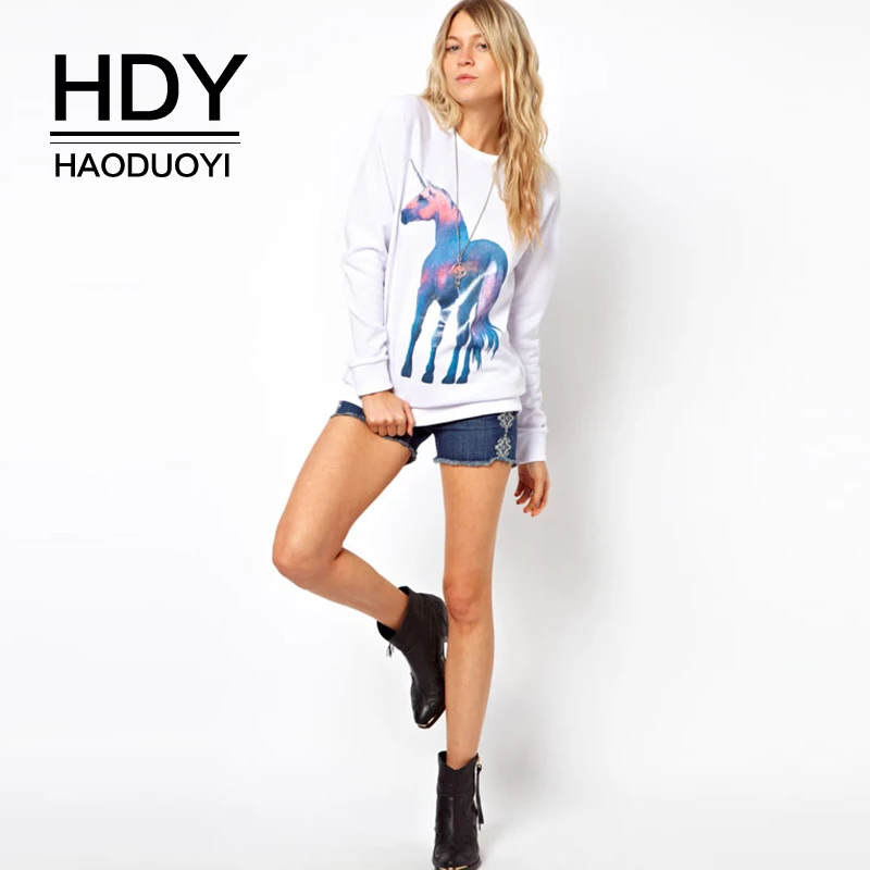 

HDY Haoduoyi Summer New Fashion Color Dream Unicorn Printing Round Neck Pullover Solid Color Long-sleeved Top New Sweatershirts