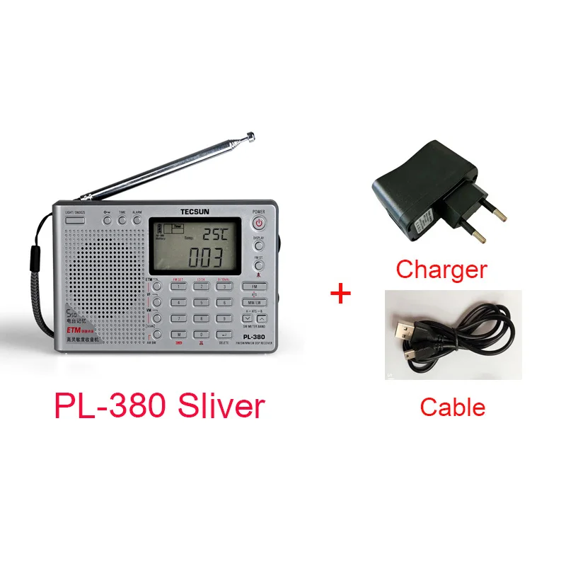 Sliver and charger Tecsun PL-380 PL380 радио цифровой PLL портативный радио FM стерео/LW/SW/MW приемник DSP радио - Цвет: Sliver and charger
