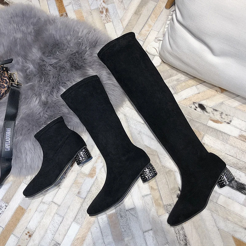 Winter Thick Heel Warm Knight boots Women Pumps Sexy pointed Toe high heel Shoes Woman Sleeve Socks Boots zapatos de mujer