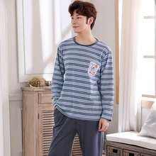 Полосатые топы с длинными рукавами+ серые штаны, пижамные комплекты для мужчин размера плюс L-4XL, осенняя мужская пижама большого размера из чистого хлопка