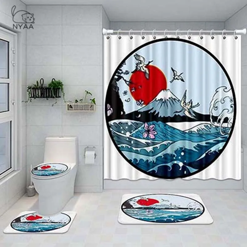 

NYAA 4 Pcs Japanese Wave Shower Curtain Pedestal Rug Lid Toilet Cover Mat Bath Mat Set For Bathroom Decor