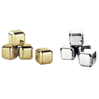 

Whiskey Stones Luxury Gift Set-Stainless Steel Rocks 4 Gold+4 Silver Combo-Reusable Ice with Barman Tongs and Freezer Tray