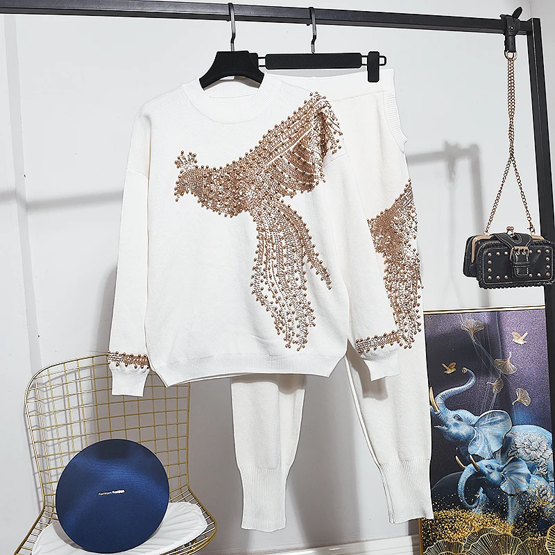 

Fashion White Knitted Tracksuit Women Outfits Manual Beading Sequins Phoenix Sweater Pants Set Loose Casual Knitting Suit Female