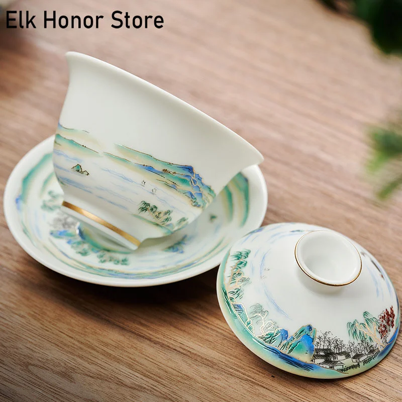 180ml Jingdezhen Landscape Ceramic Gaiwan Cup Hand-painted Tea Tureen Chinese Retro Tea Set Accessories Ceremony Drinkware