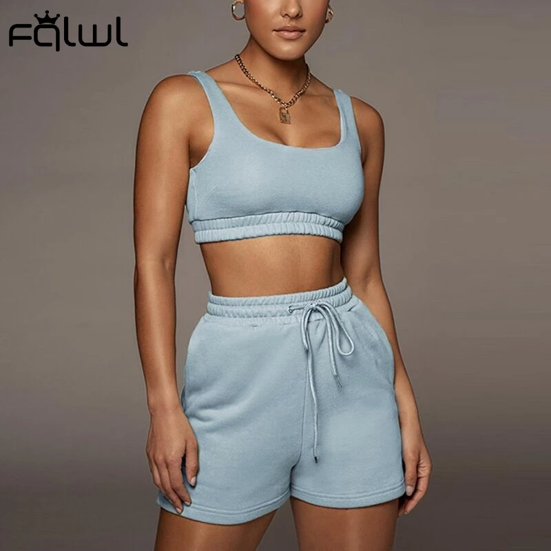 FQLWL negro blanco 2 conjuntos de dos piezas de las mujeres trajes de verano Top Biker Shorts juego para Pantalón deportivo chándal de las mujeres Mujer