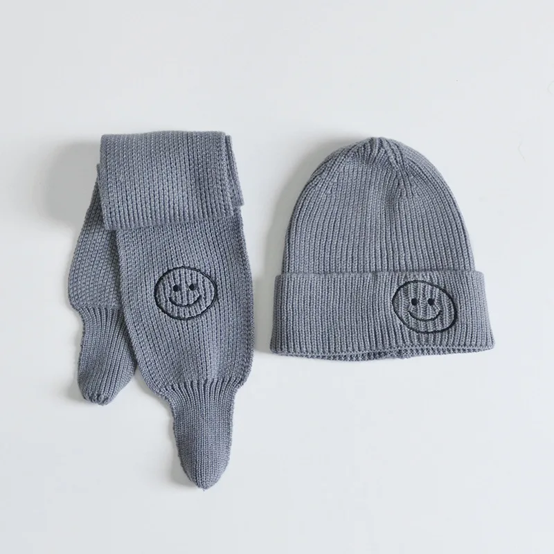 7 Winter Children Hat Scarf Sets Girls Cute Sweet Pink Smile Beanie Hats Boys Solid Knitted Warm Soft Hat Neck Scarves - Цвет: 7