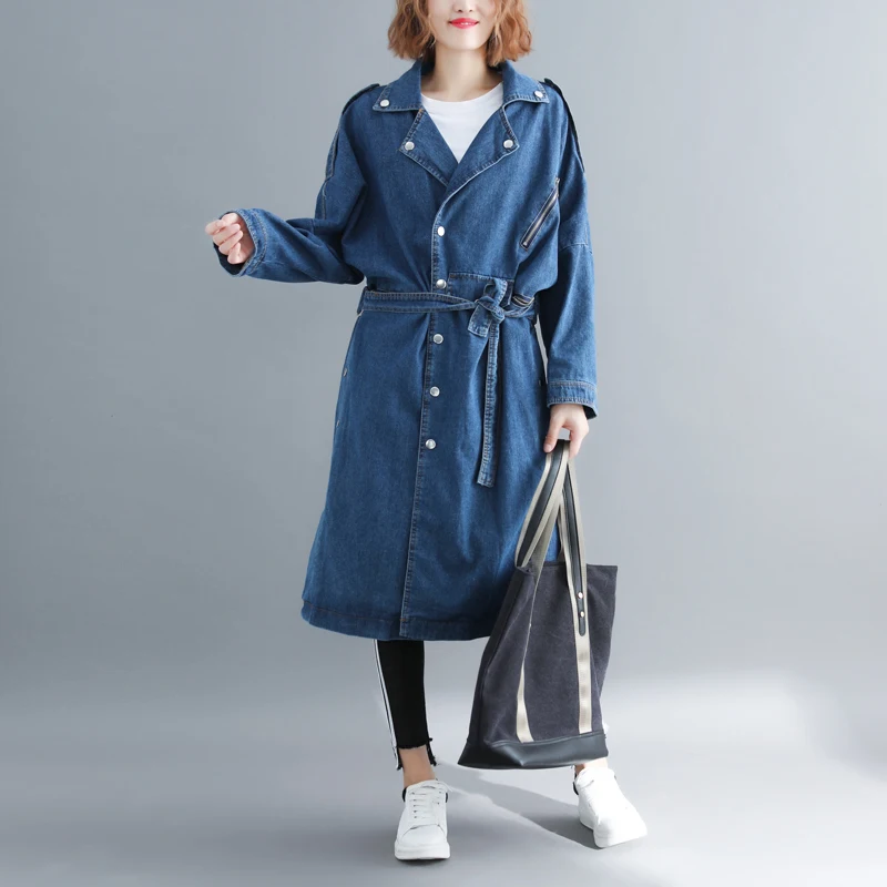 Photo Shoot Limit 85 Yuan Korean-style Large Size Autumn Clothing Mid-length Denim Windbreaker Coat#9052