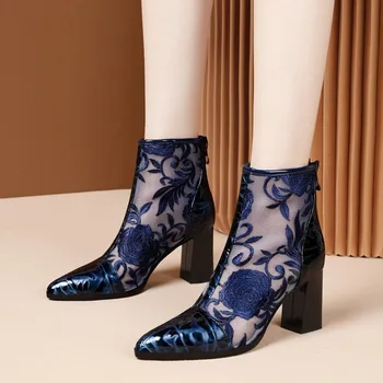 

2020 New Mesh Boots Women Sexy High Heeled Sandals Boots Woman Summer Shoes Embroidery Flower For Female For Female Sandals