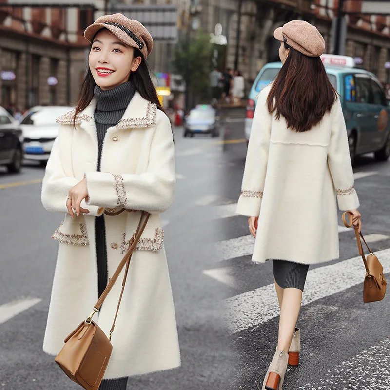 

Mid-length Slim Fit Faux Mink Cashmere WOMEN'S Coat Loose-Fit 2019 Autumn Korean-style Graceful Overcoat Knitted Cardigan Fashio