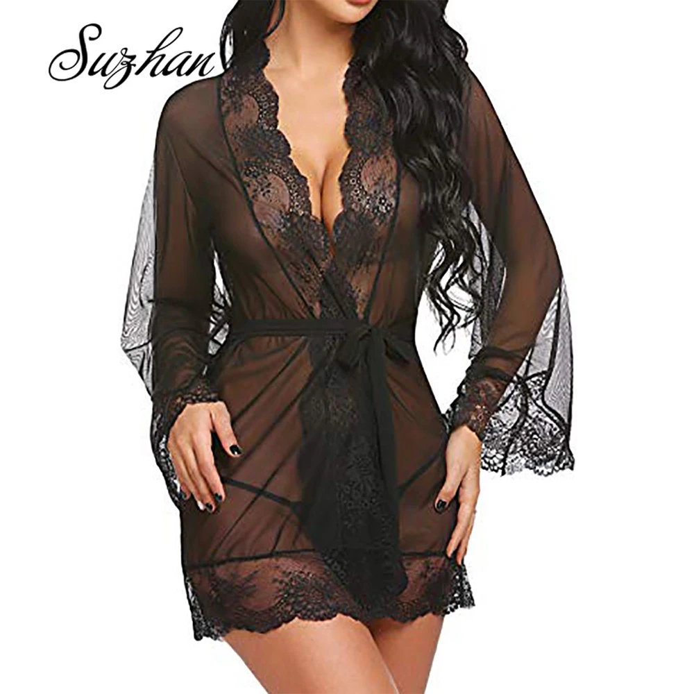 

Suzhan Sexy Lingerie Pajamas Women's Satin Lace Loose Long-sleeved Pajamas One-piece Perspective Seduction Home Night Skirt