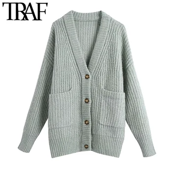 

TRAF Women Fashion With Pockets Loose Knitted Cardigan Sweater Vintage Long Sleeve Button-up Female Outerwear Chic Tops