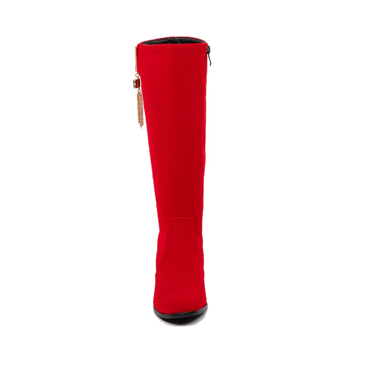 KALENMOS Knee High Boots Women Block Mid Heel Flock Long Boots Ladies Fashion Black Autumn Winter Shoes Daily Boots Size 33-46