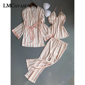 

Women Pajamas Sets 3 Pieces Fashion Spaghetti Strap Tops Satin Sleepwear Female Stripes Long Sleeve Summer Home Clothing Pijama