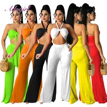 

Women Summer Streetwear Two Piece Set Solid Halter Strapless Vest Tank Tops Wide Leg Pants Outfit Tracksuit Active Matching Set