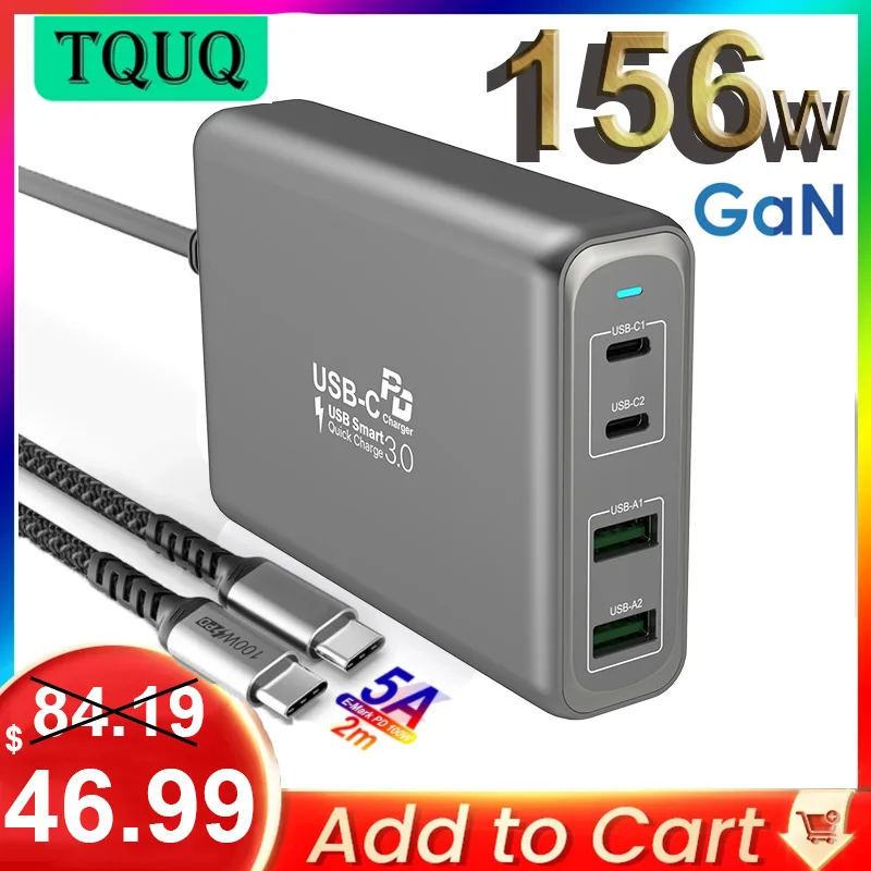 TQUQ 4-port 156W GaN Fast Charger USB C Power Adapter, PD 100W PPS 65W 45W QC4.0 for MacBook iPhone Samsung Dell Xiaomi Laptop
