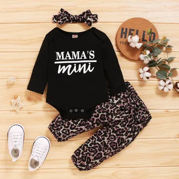 

Infant Baby Girl Clothes Letter Print Romper Long Sleeve Tops+Leopard Pants+Leopard Headband Outfits Autumn and winter suits