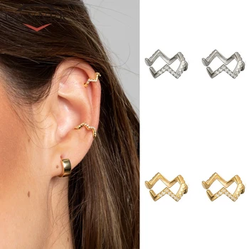 

925 Sterling Silver Wave Crystal Zircon Without Piercing Ear Clip Earrings Gold Silver color ear cuff Clip on Earrings