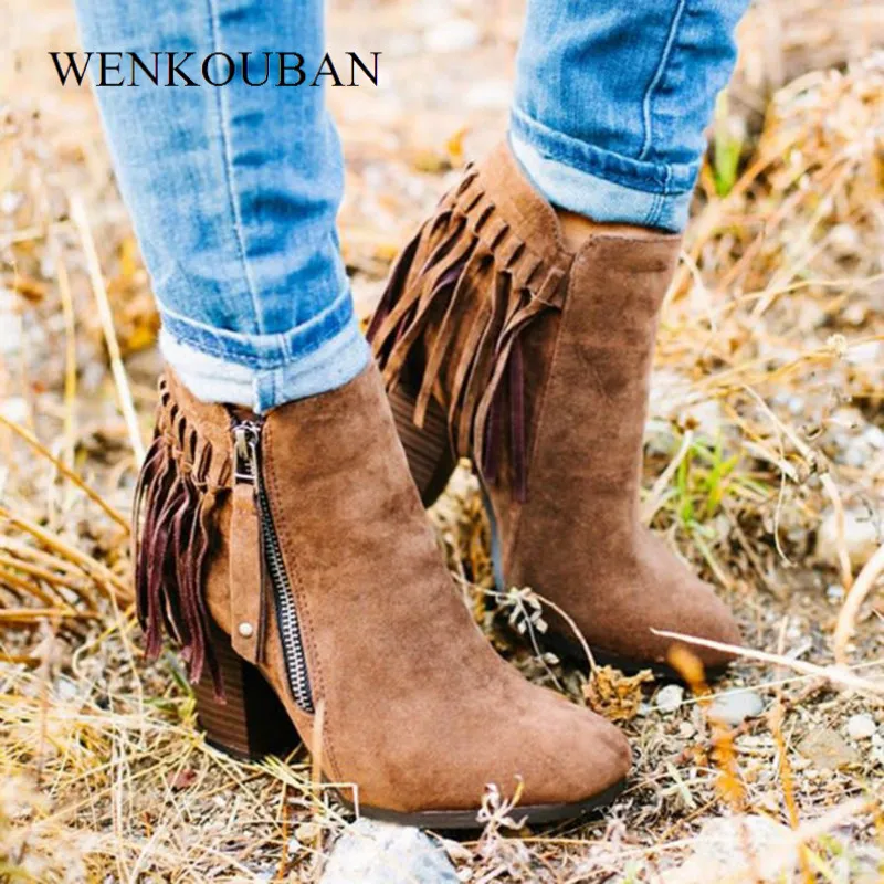 

Autumn and Winter Women Ankle Boots Flock Thick Heels Botines Female Pointy Toe Leather Boots Plus Size Botas Feminina 2019