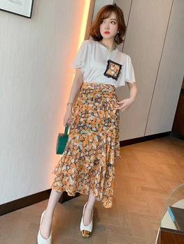 

Stylish Printed Lace Trim Flounced Sleeves T-shirt + Cake Dress Ruffled Skirt Suit, Female Fashion Summer New Style