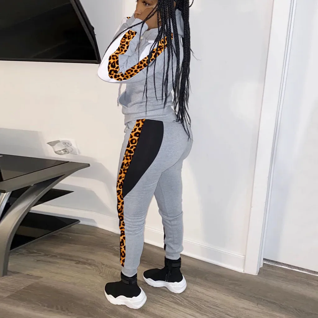 womens tracksuit autumn winter Womens Leopard Print Long Sleeve And Pants Casual Hooded Zipper Set#D