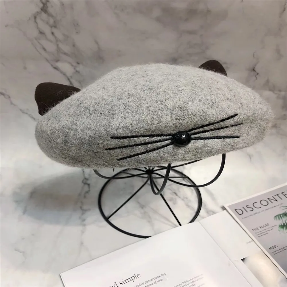 Grey Женские и детские милые шерстяные береты с кошачьими ушками, женские подходящие детские зимние шапки с вышивкой кошачьими мордочками, женские повседневные теплые шапки для художника - Цвет: Grey