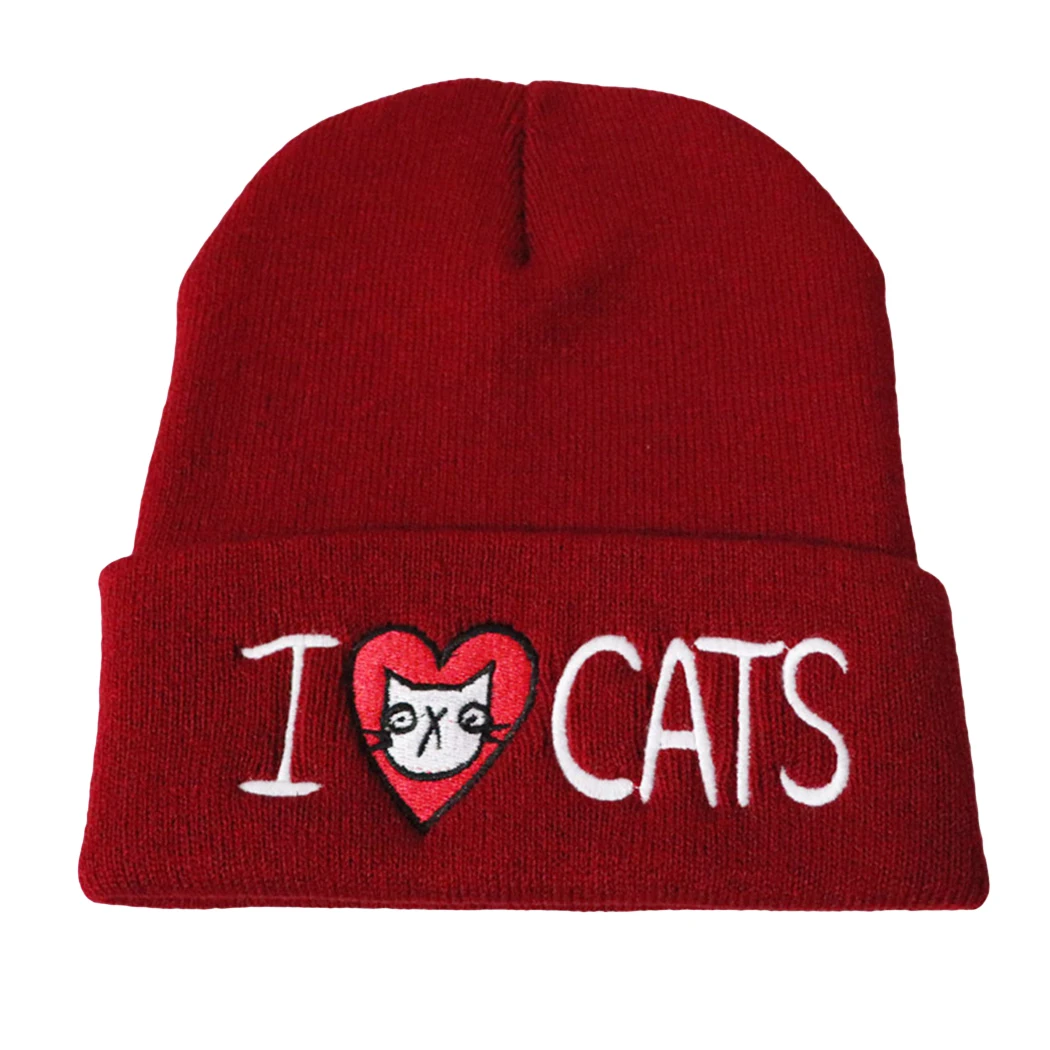 

2019 Winter I Love Cats Beanie Caps Women Men Knitted Hip Hop Hat Autumn Warm Letter Embroidery Elastic Cap Skullies Ski Hats