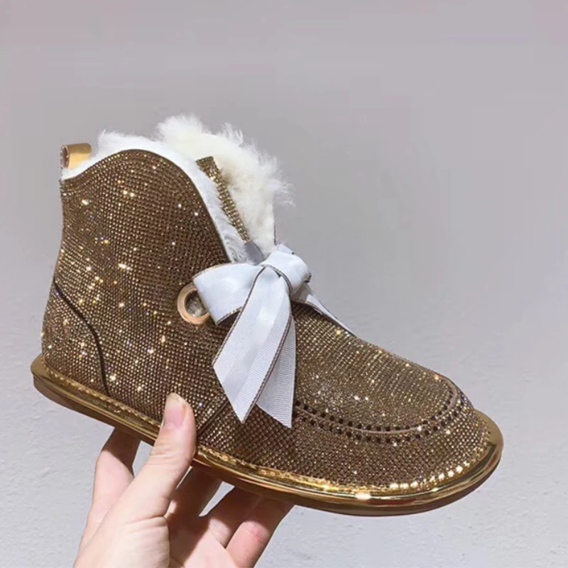 Зимние ботинки; женские зимние ботинки; женская обувь со стразами; Botas Mujer; обувь на плоской подошве с бантом; Bota Feminina; шикарная женская обувь; Новое поступление; ботильоны