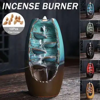 

With 10pcs Cone Incense Waterfall Incense Burner Ceramic Incense Holder Backflow Waterfall Smoke Incense Burner Home Decor