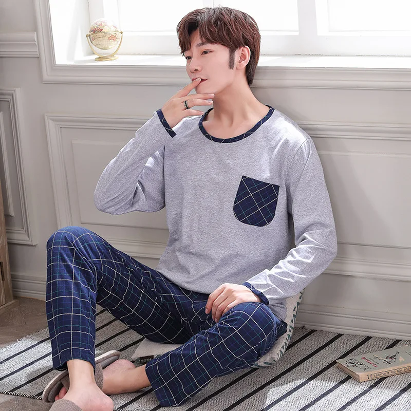 

Pajamas Men's Autumn Pure Cotton Long Sleeve Plaid Knit Cotton Large Size-Outer Wear Men Pajamas Homewear Set 4XL