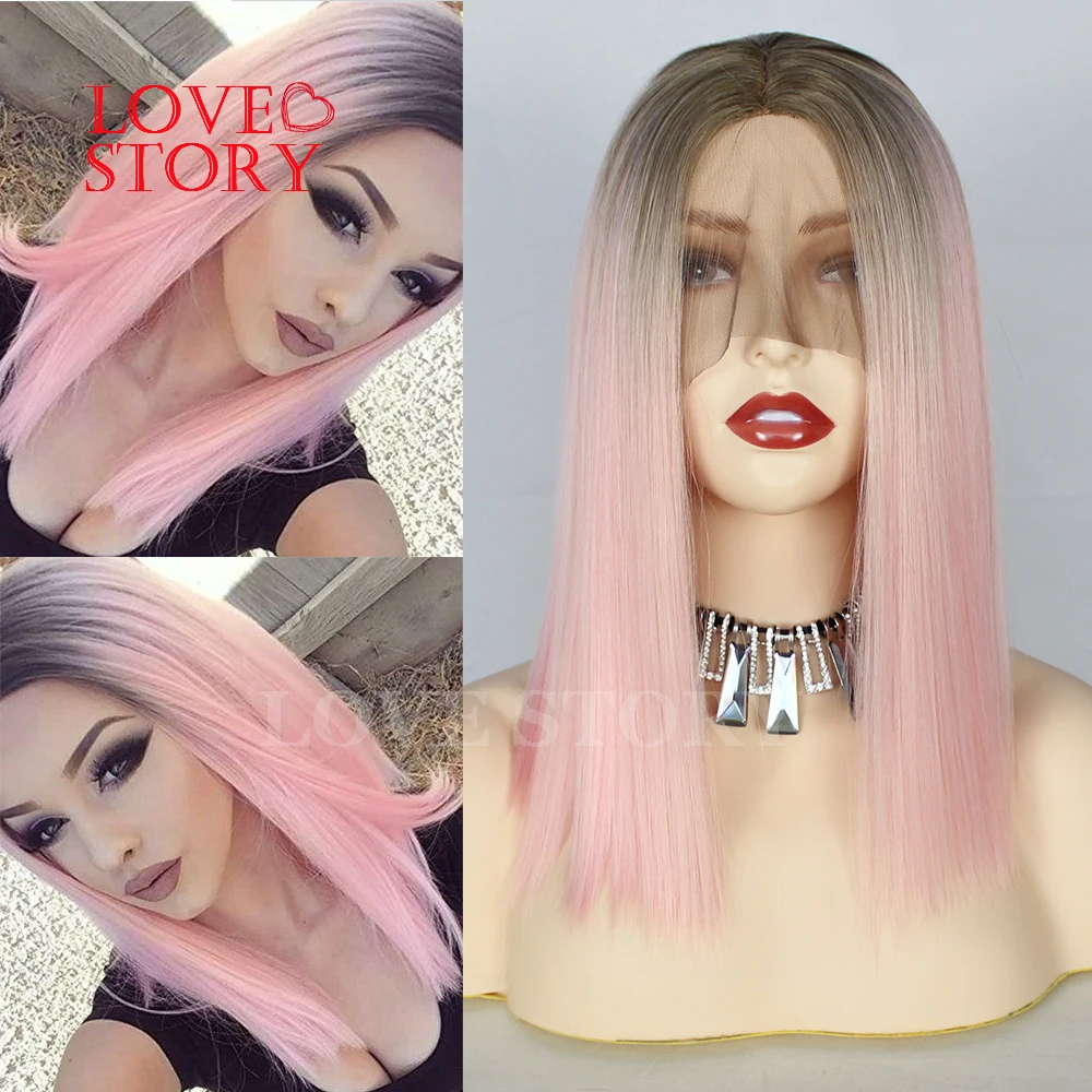 Lovestory короткий боб синтетический парик фронта шнурка розовый цвет Омбре Высокая