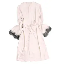 Новая модная женская ночная рубашка с кружевами из кусков с длинным рукавом, пижама с длинным кружевом, с поясом, комплект с v-образным вырезом