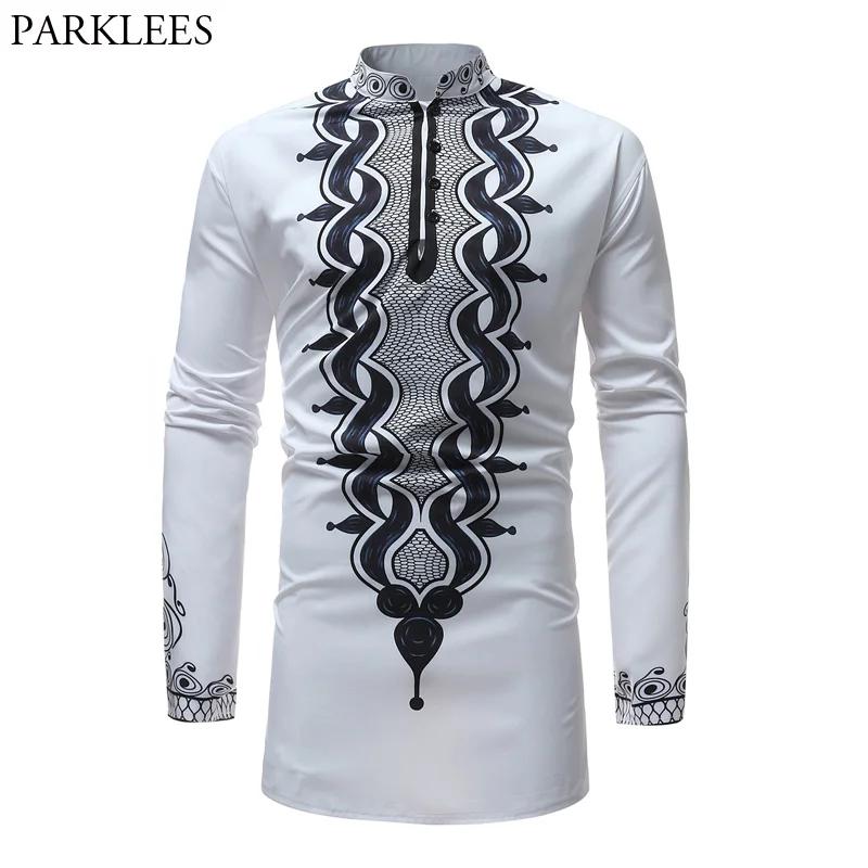 African Tribal Dashiki Longline Shirt 2022 Brand New Slim Long Sleeve Mandarin Collar Dress Shirt Men African Clothing Camisa