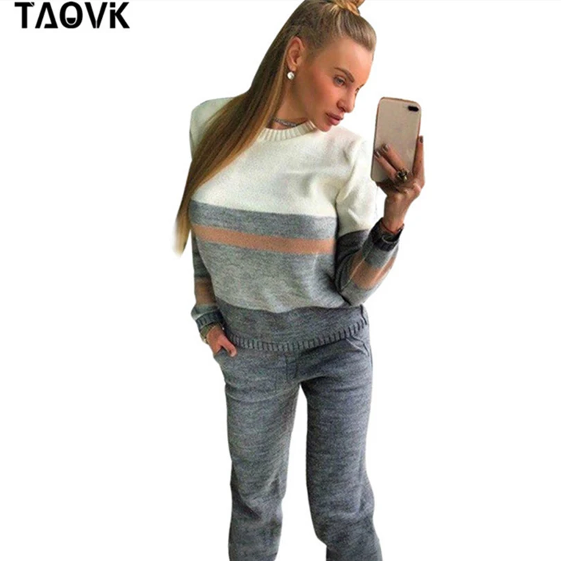 TAOVK, удобный женский свитер, костюмы, вязаный спортивный костюм, многоцветные, с вырезами и шитьем, джемпер, пуловеры+ штаны, комплект из двух предметов, наряды
