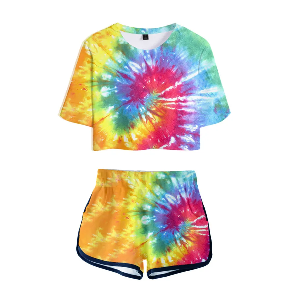 Summer Tie Dye Flashbacks Sexy Two Piece Sets Women Colorful Psychedelic Exposed Navel Crop Top and Elastic Shorts |