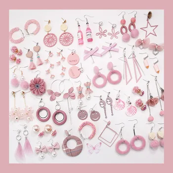

Pink Series New Korean Fashion Women Earrings Flower Geometric Pearl Rhinestone Drop Earring Female Studs Earring DIY Jewelry