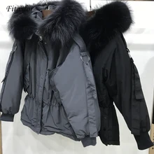 Fitaylor большой натуральный мех енота женская зимняя куртка с капюшоном теплая Женская белая утка пуховик средней длины Свободное пальто