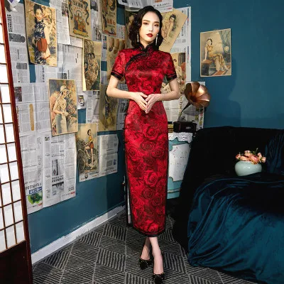 Sheng Coco размера плюс красные вечерние длинные платья Cheongsam с принтом розы шелковые Qipao китайское свадебное восточное платье женская одежда - Цвет: red rose qipao