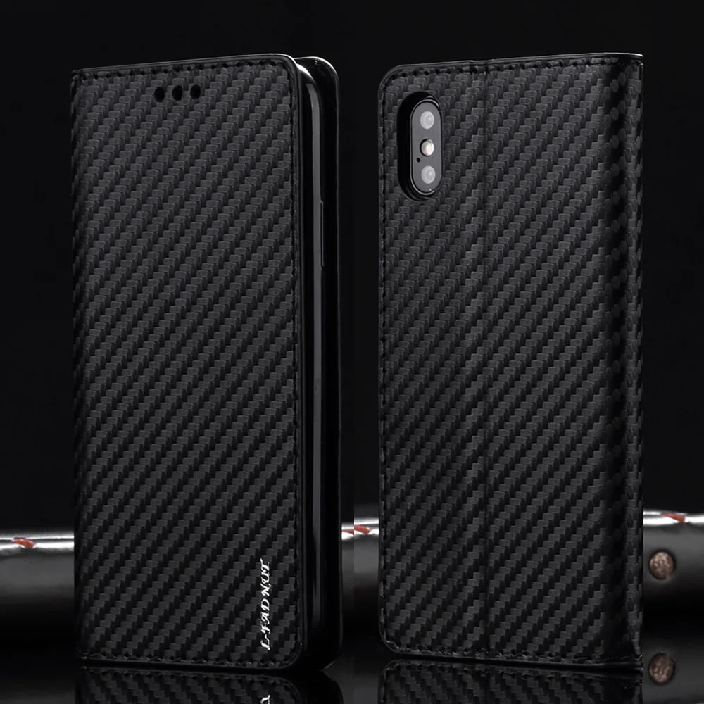 

L-FADNUT Carbon Fiber Flip Leather Case For iPhone 7 8 6 6S Plus 5 5S SE Card Slot Wallet Cover For iPhone Xr X Xs 11 Pro Max