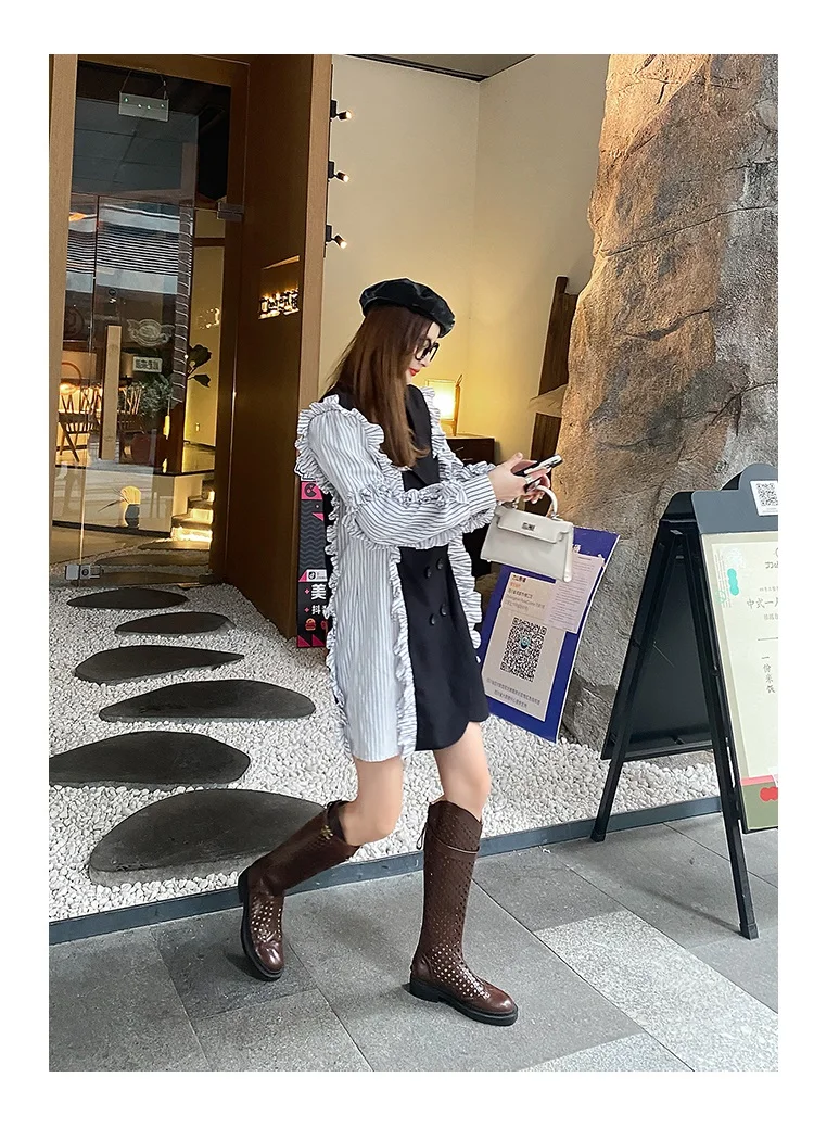 オンラインストア買 厚手のカットアウトバックル付きの女性用ロングヒールブーツ 細いストラップと長いモダンなレザーシューズ 夏のシーズン ヨーロッパとアメリカのスタイル 驚き価格 Sekkomon Jp