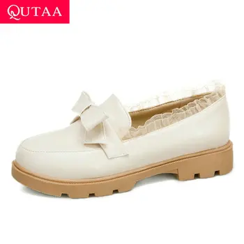 

QUTAA 2020 Platform Butterfly-Knot Slip on Women Shoes PU Leather Lace Ladies Pumps Round Toe Square Heel Single Shoes Size34-43
