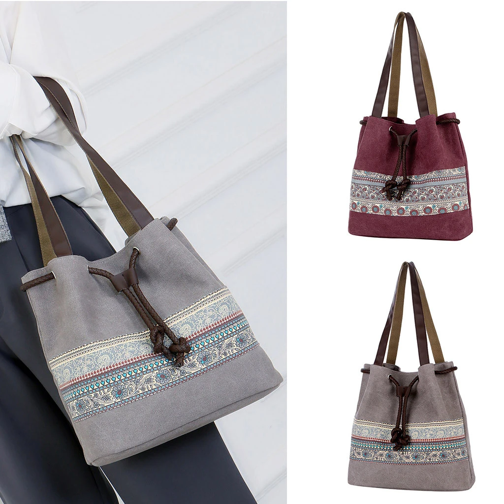 Style Canvas Handbags Women Drawstring Bucket Bag Lady Cheap Shoulder Single Shoulder Shopping Bags Floral Printed Beach Bag 820