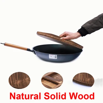 

Chinese Iron Hypotenuse Cover Nature Fir Handmade Export Anti-hot Pot Cover Wok Wooden Pan Handle Kitchen Accessories