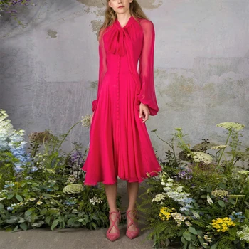 

2020 New Spring Summer Fall Elegant Dress Women Long Sleeve Bow Tie Neck A-line Office Ladies Work Wear Casual Party Vestidos