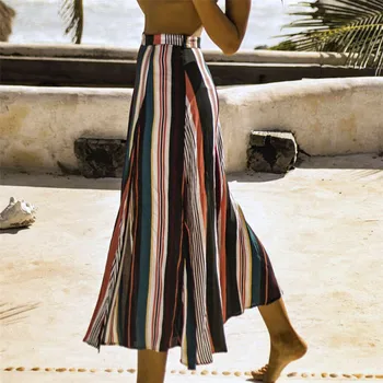 

Brand New Summer Women Striped Long Skirts Fashion Colorful High Waist Elastic Loose Skirt Casual Beachwear Holiday Sundress