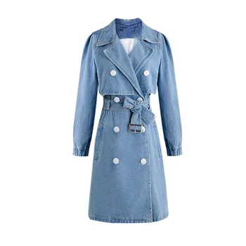 

(sold out) Women's Denim Trench Coats 2020 AUTUMN New Double Breasted Sashes Slim Loose Long Jeans Coat