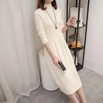 

Autumn Winter O Neck Long Sleeve Ladies Loose Casual Dress Women Threaded knit dress long section high collar solid color Dress