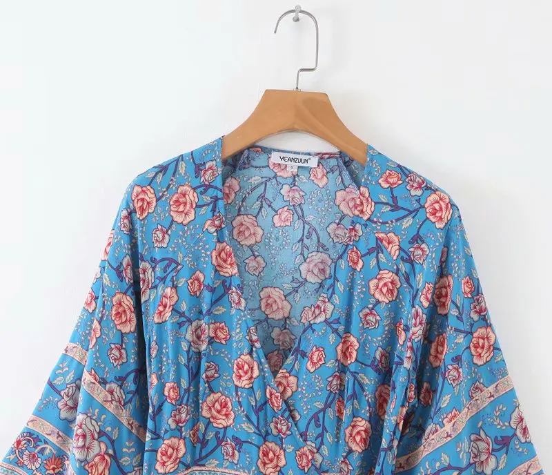 Linjiashop праздничное летнее богемное вискозное платье для женщин с цветочным принтом пляжное богемное женское платье-миди с перекрестным v-образным вырезом femme vestidos