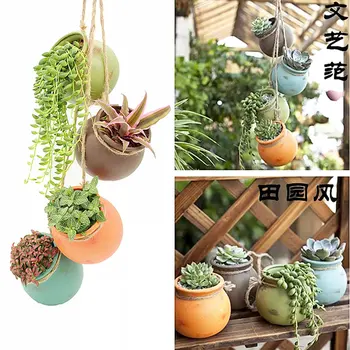 

4 pcs Wall Mount Hanging Ceramic Planters Pot Succulent Plant Pot Cactus Bonsai Planters Pots Container with Jute Rope