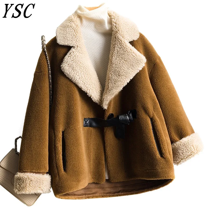 

YSC Handmade 2019 New design women high quality long Wool Coat Turn collar Loose Thickening coat Short style Belt decoration