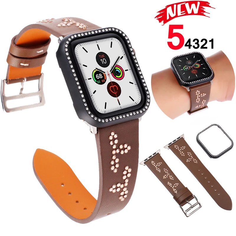 Ремешок для Apple watch band 5, 4, 44 мм, 40 мм, натуральная кожа, один тур, correa+ Алмазный чехол iwatch series 3, 2, 42 мм, 38 мм, ремешок